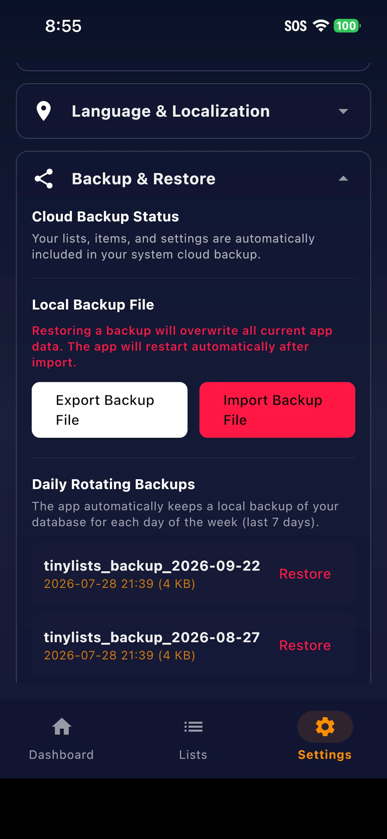 Backup and restore settings with export, import and daily rotating backups