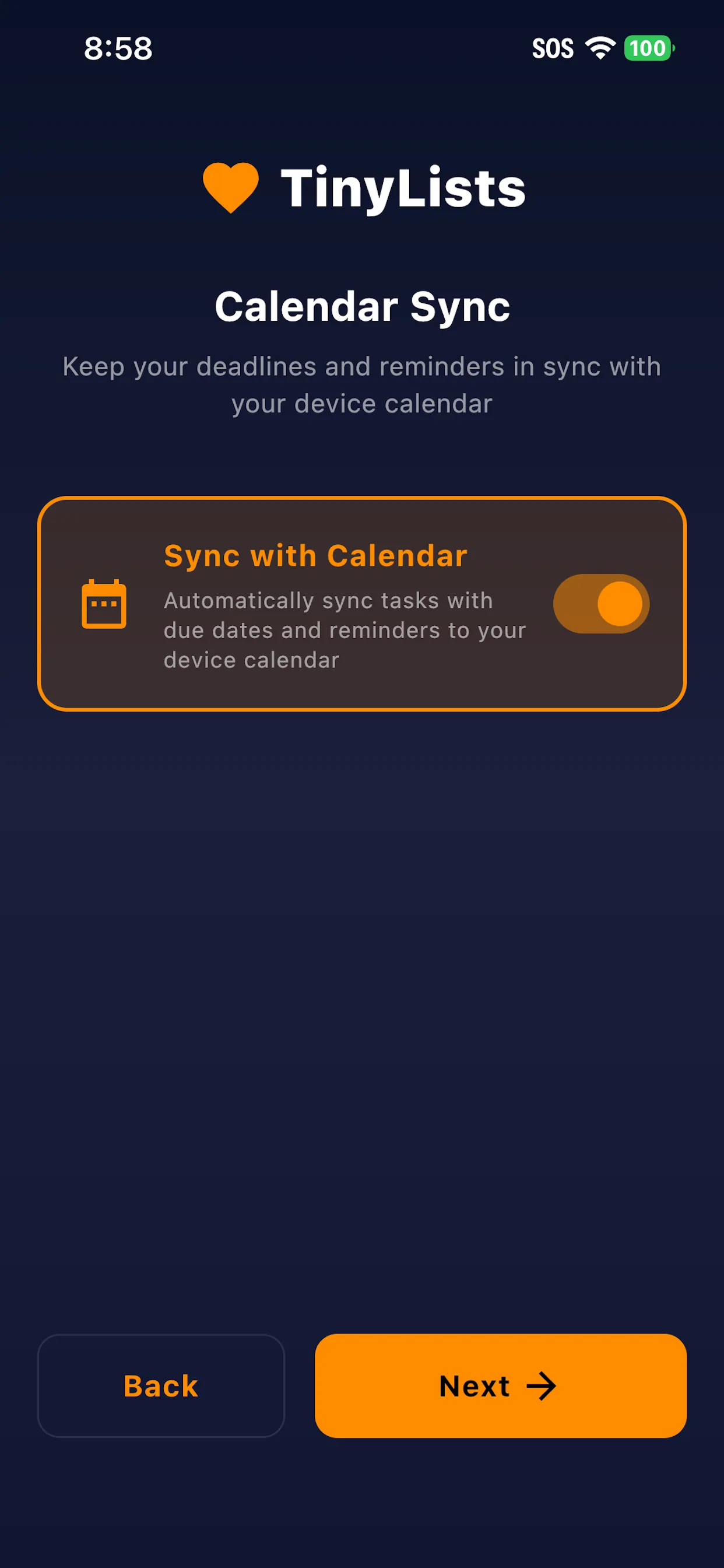 Onboarding screen turning on calendar sync for tasks with due dates and reminders