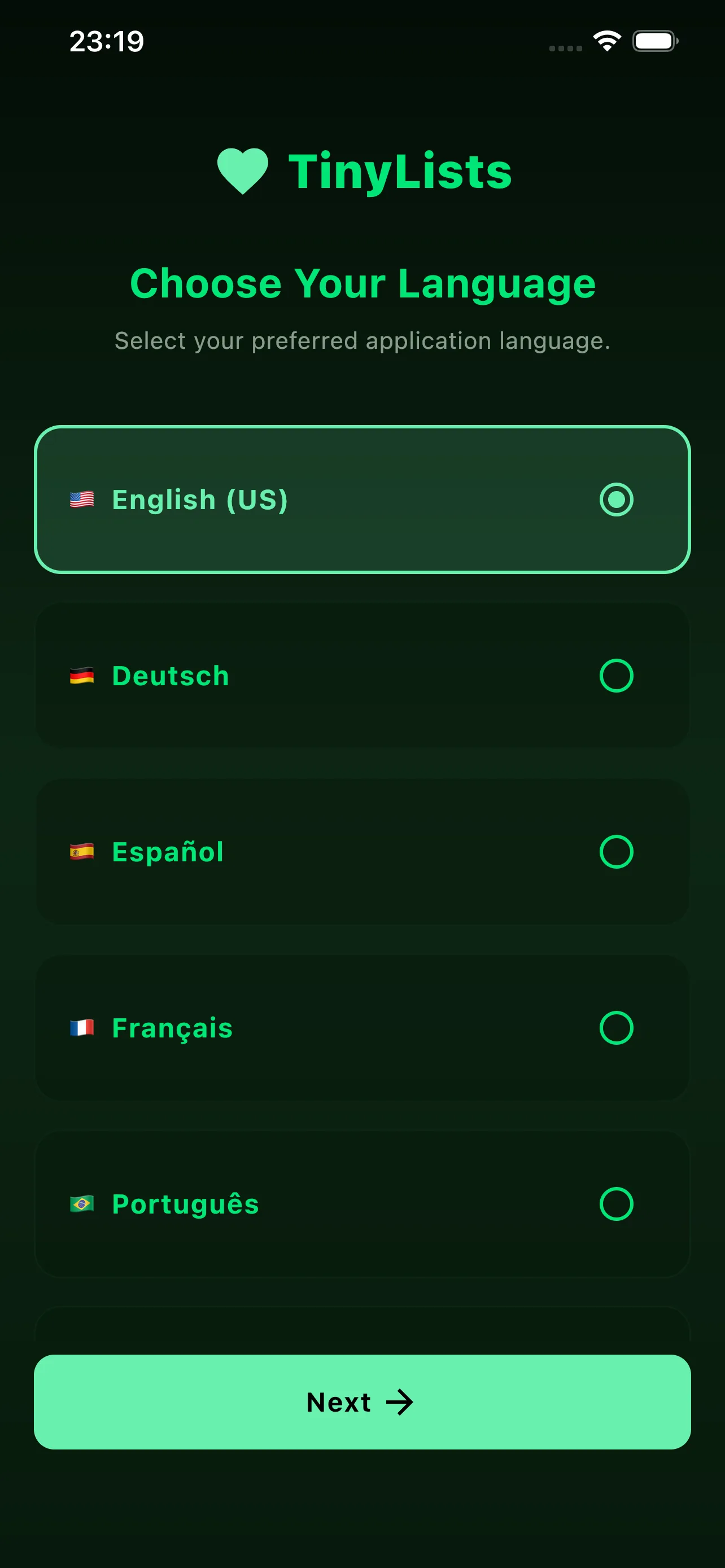 Language picker with English, Deutsch, Espanol, Francais and Portugues
