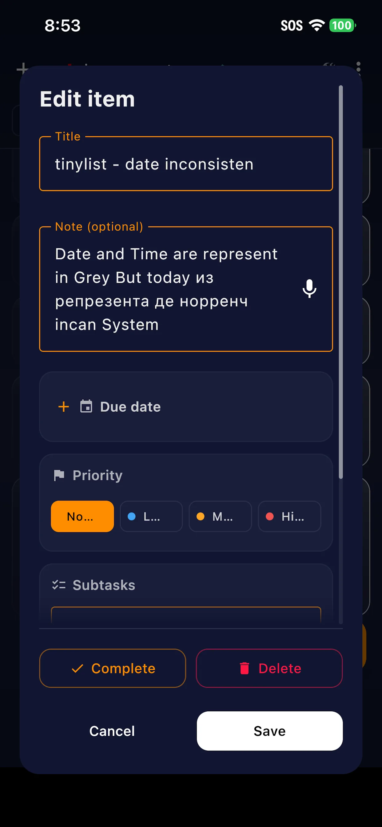 Edit item screen with title, a dictated note, due date, priority and subtasks