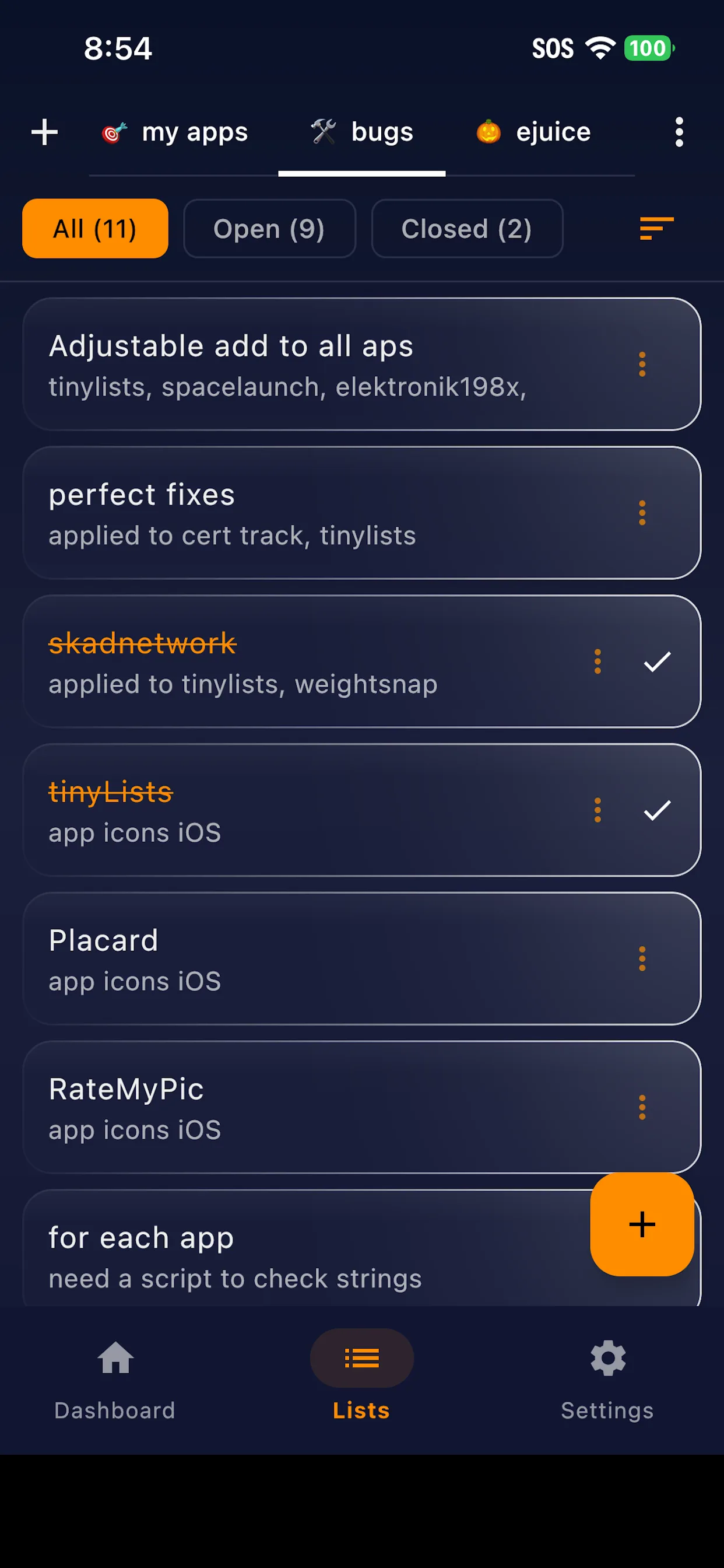 A list's items with All, Open and Closed filters and a per-item menu