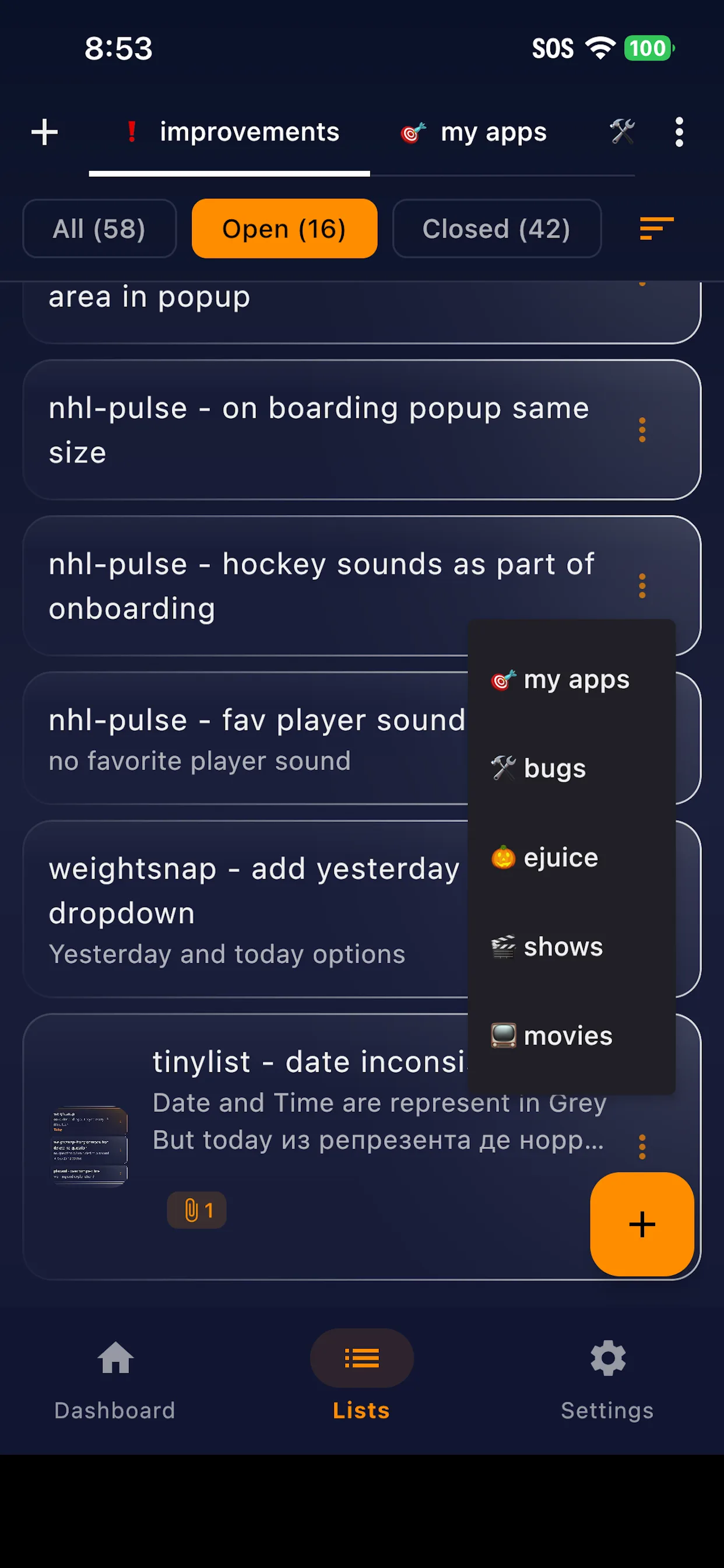 Switching between lists from a dropdown, with an attachment thumbnail on one item