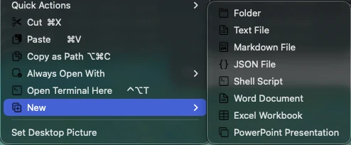 Finder right-click menu with WinClick's New submenu