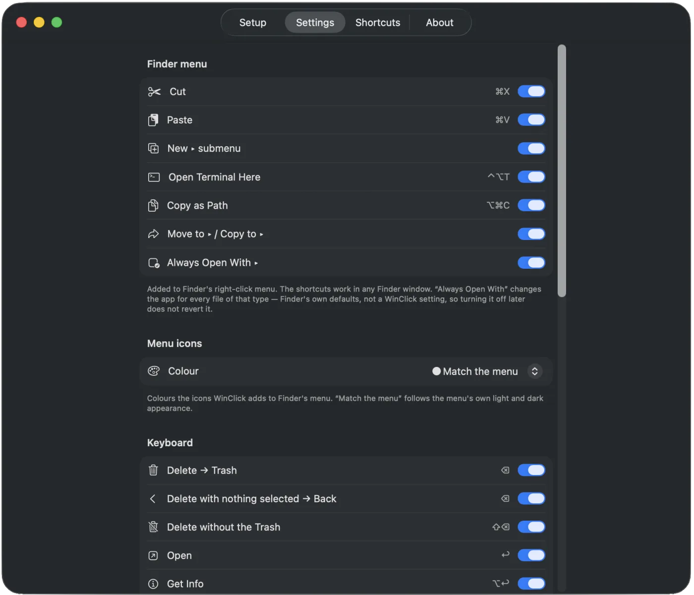 WinClick settings for Finder menu items and keyboard shortcuts