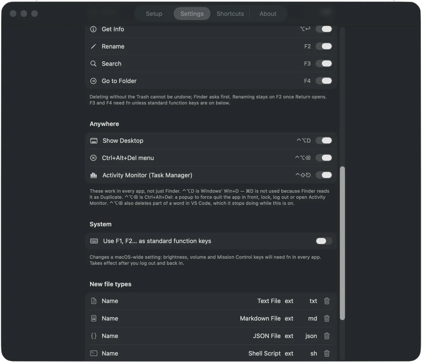 WinClick settings for menu icons, Show Desktop and new file types