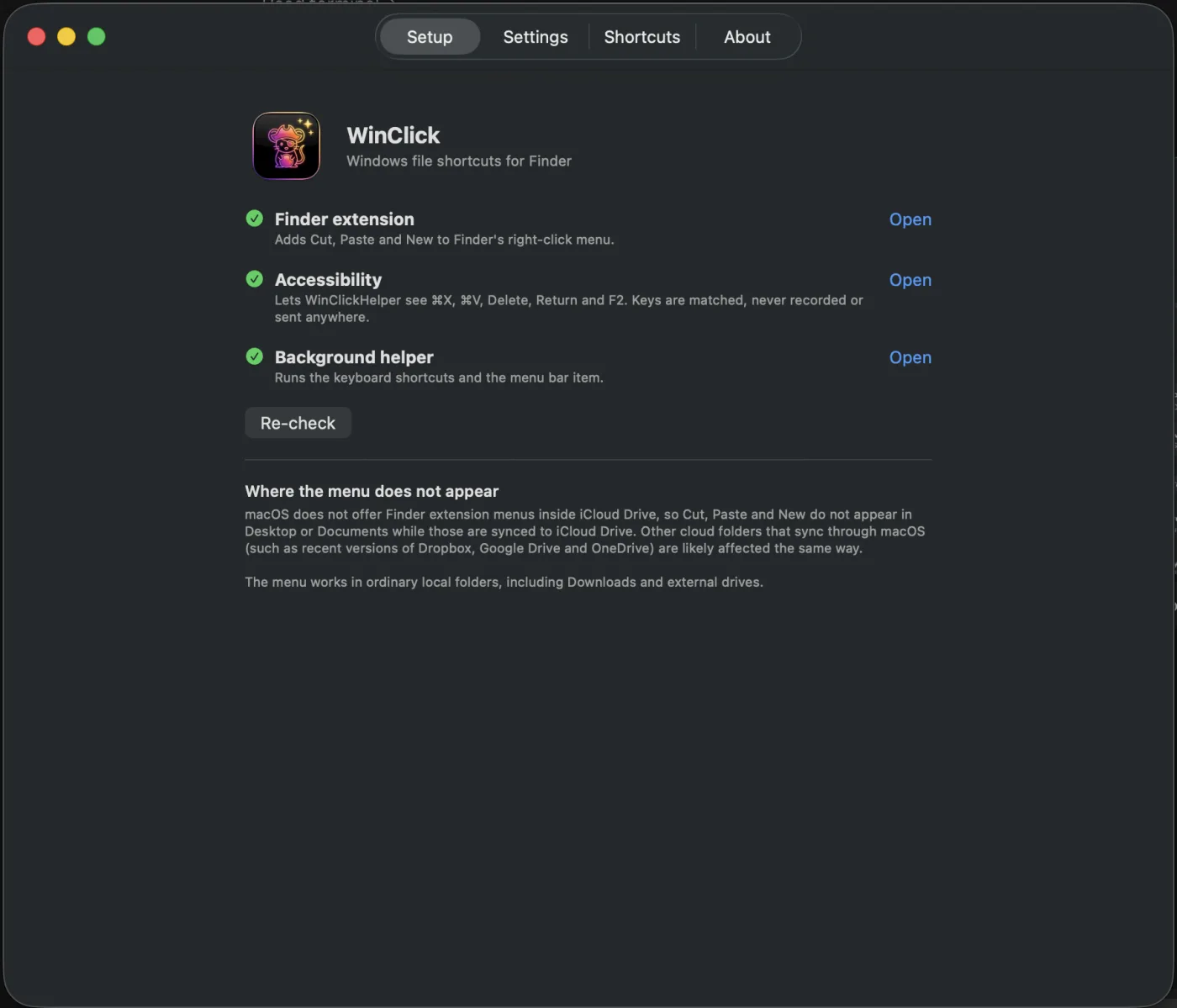 WinClick setup tab showing extension, accessibility and helper status